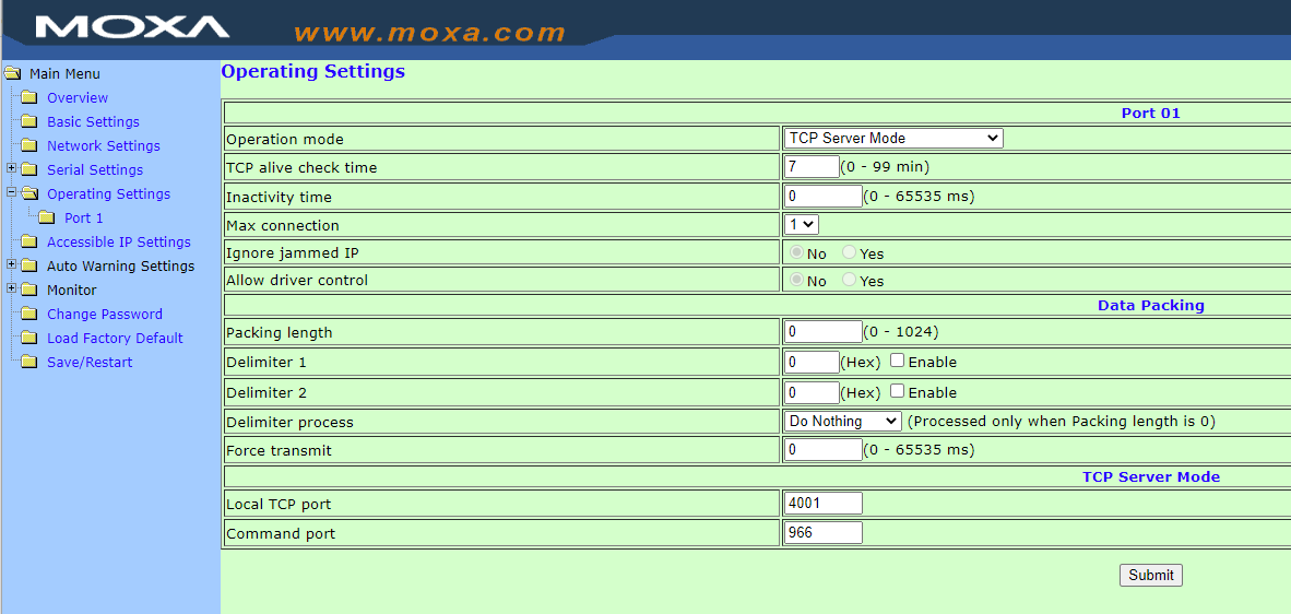 Moxa Operating settings